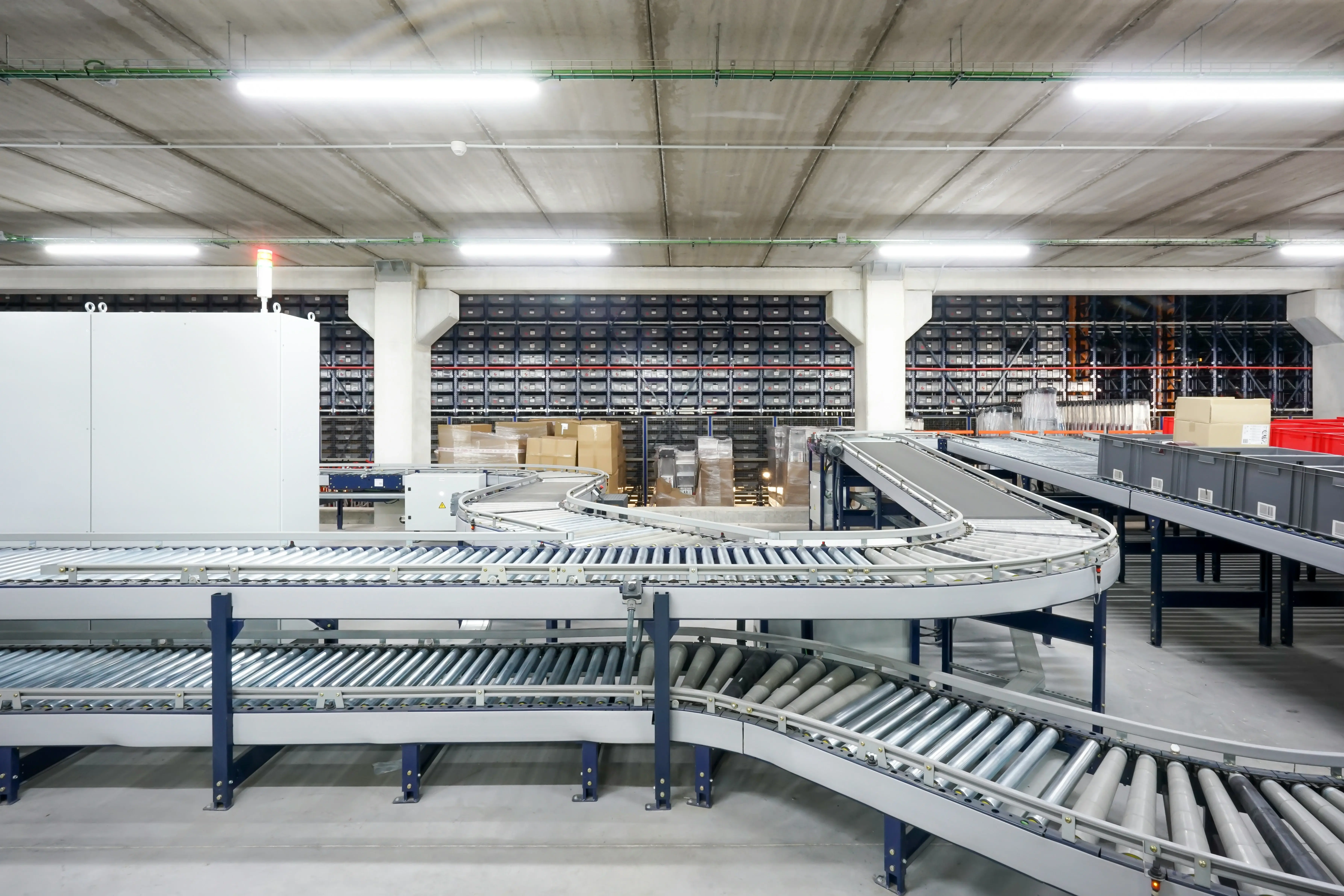 Modern warehouse with automated conveyor belts